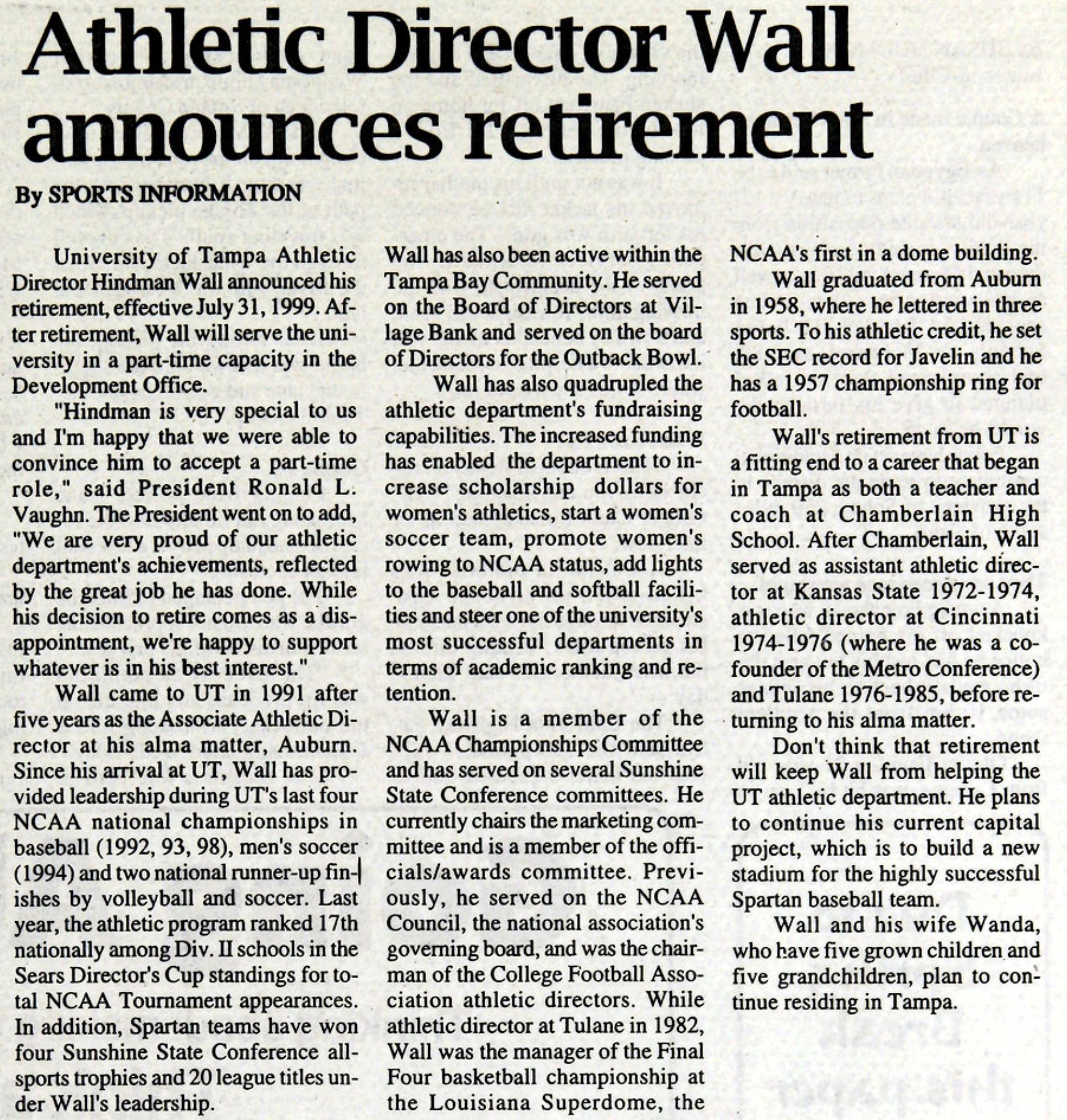 Hindman Wall Announced Retirement as Athletic Director